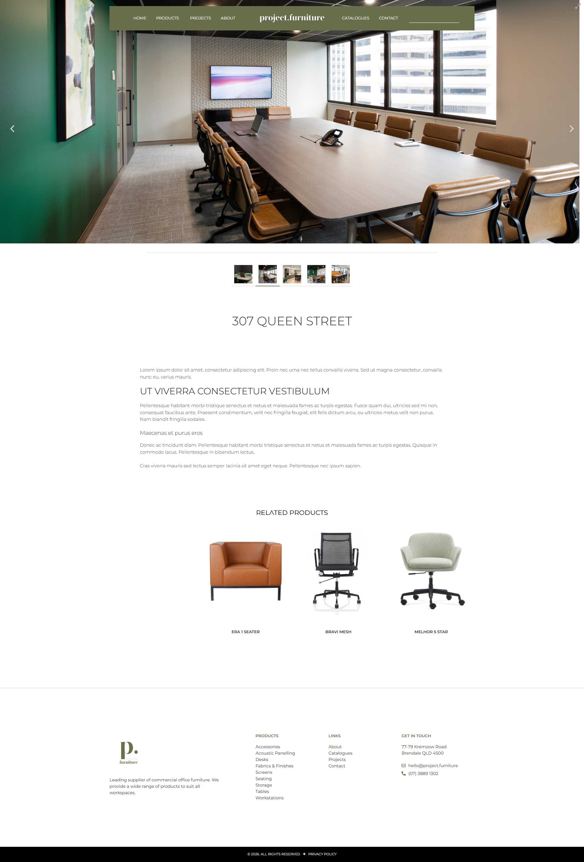 Project Furniture 307 Queen Street project page showing a boardroom with a long meeting table and leather office chairs