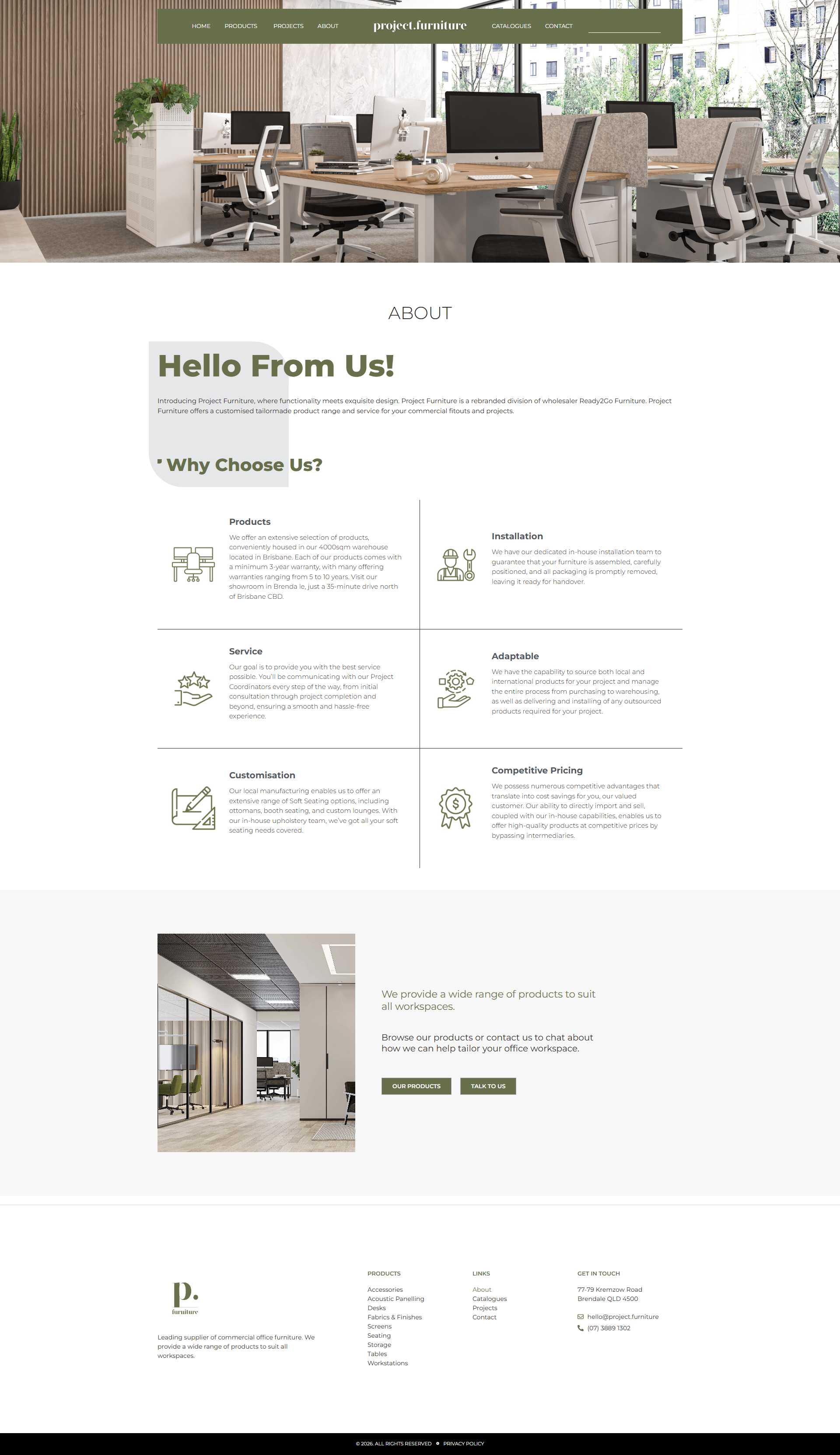 Project Furniture About page explaining its commercial office furniture products, installation, service, and customisation