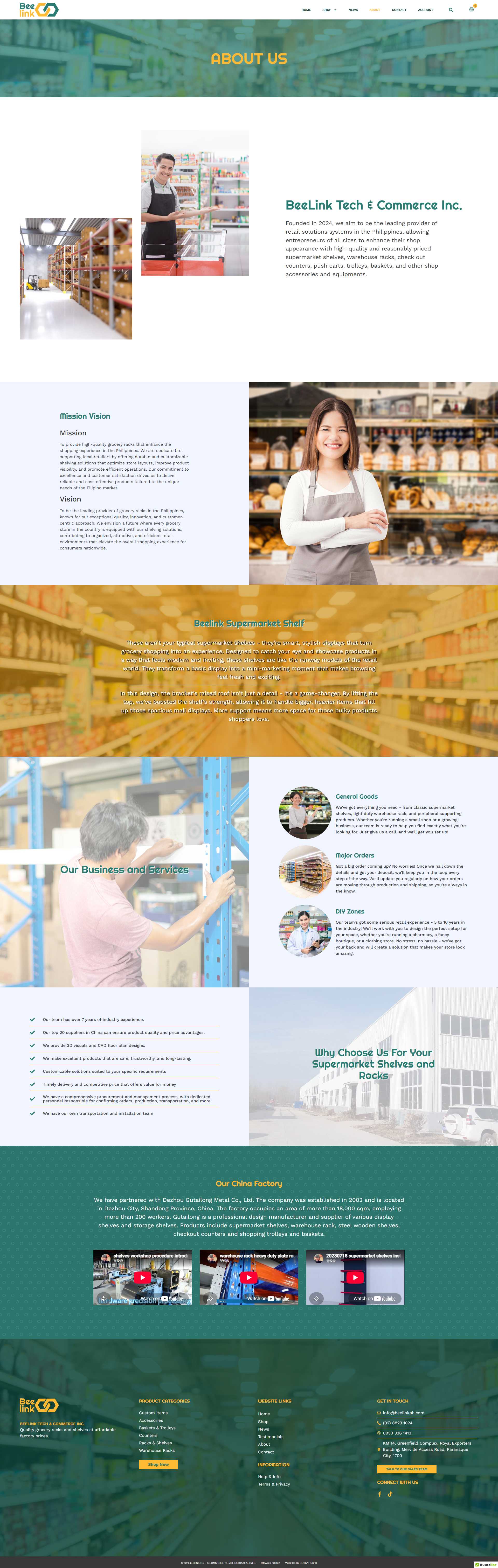 Beelink About Us page with the About Us banner, company introduction beside a store staff photo and warehouse aisle, Mission and Vision, Our Business and Services, reasons to choose Beelink, and the China Factory section