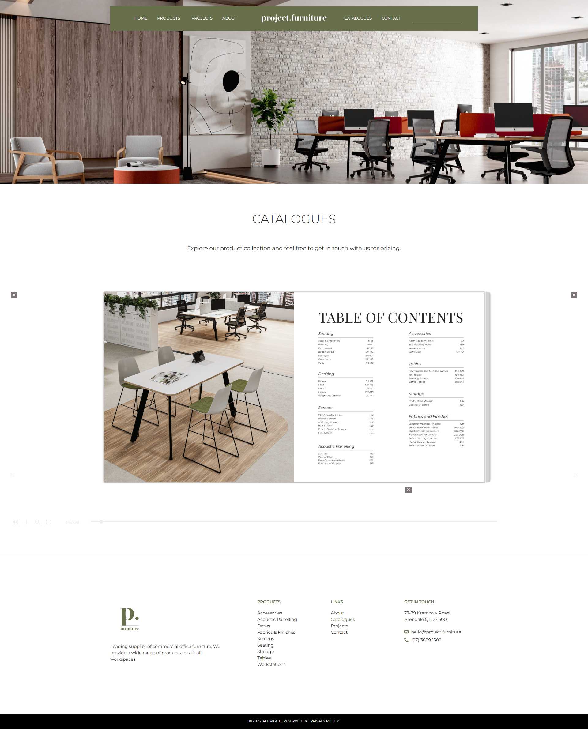 Project Furniture catalogues page with an office furniture hero and an enlarged product catalogue table of contents
