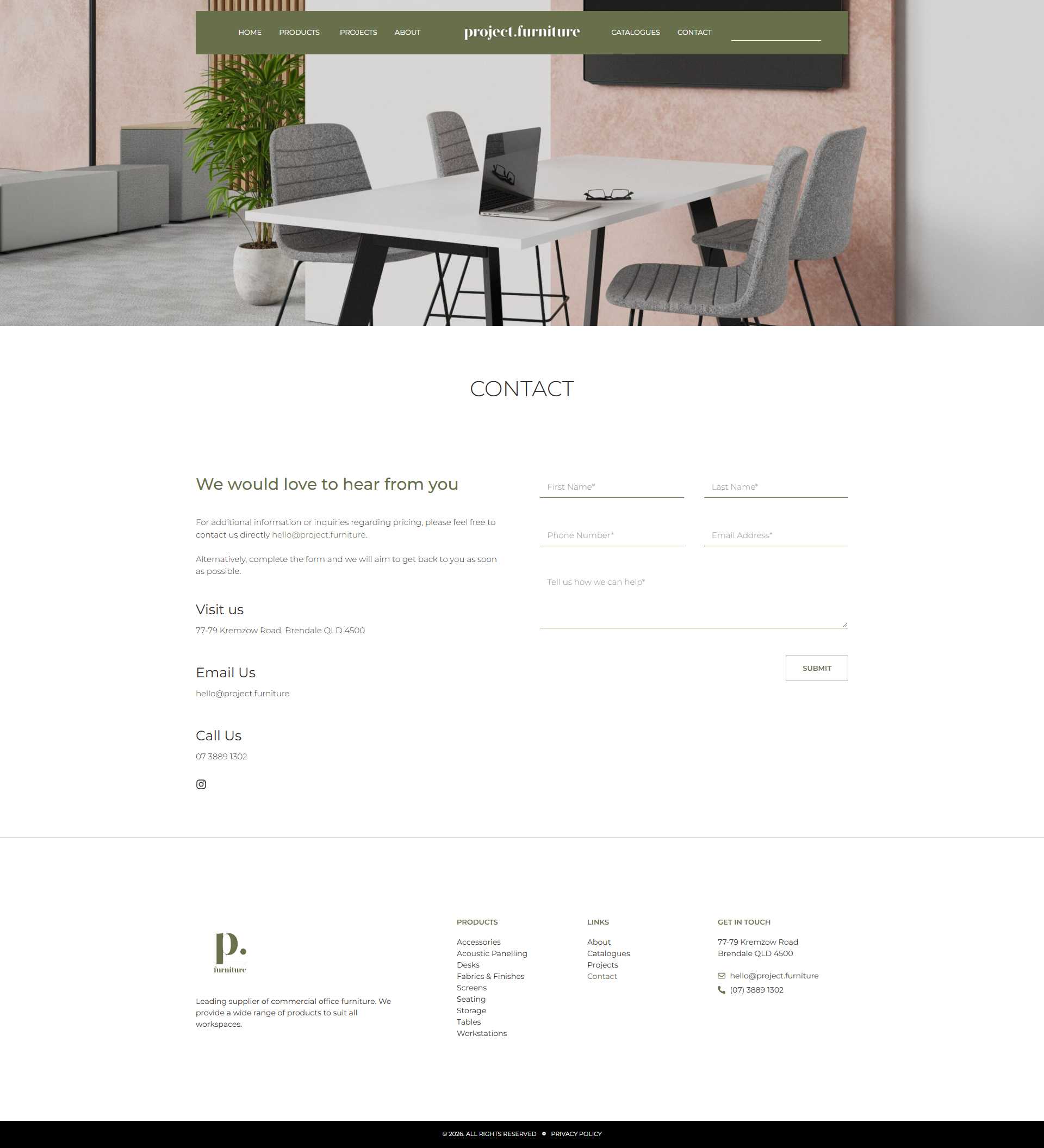 Project Furniture contact page with enquiry form, Brisbane address, email, and phone details