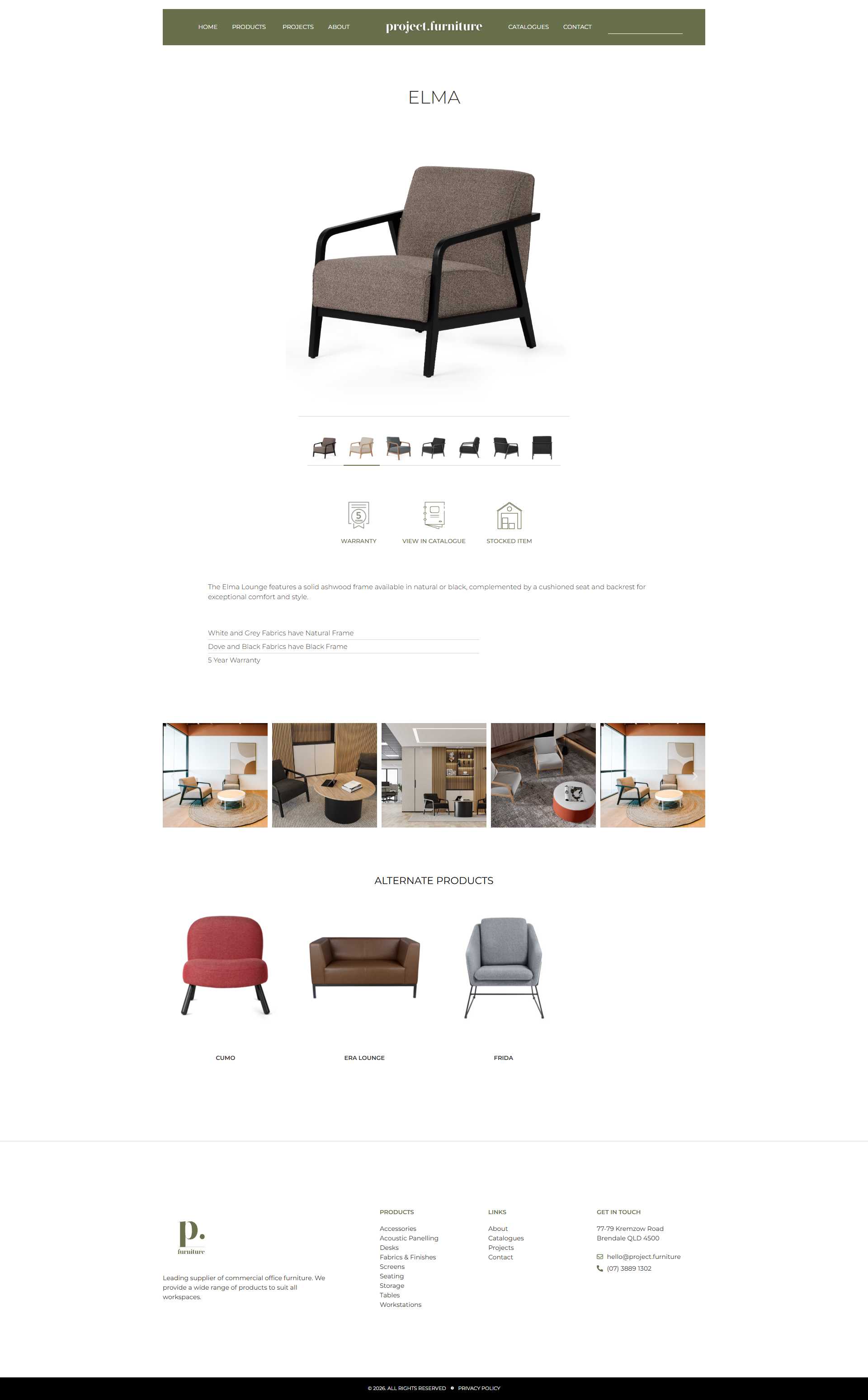 Project Furniture Elma product page showing a taupe upholstered lounge chair with black arms and legs