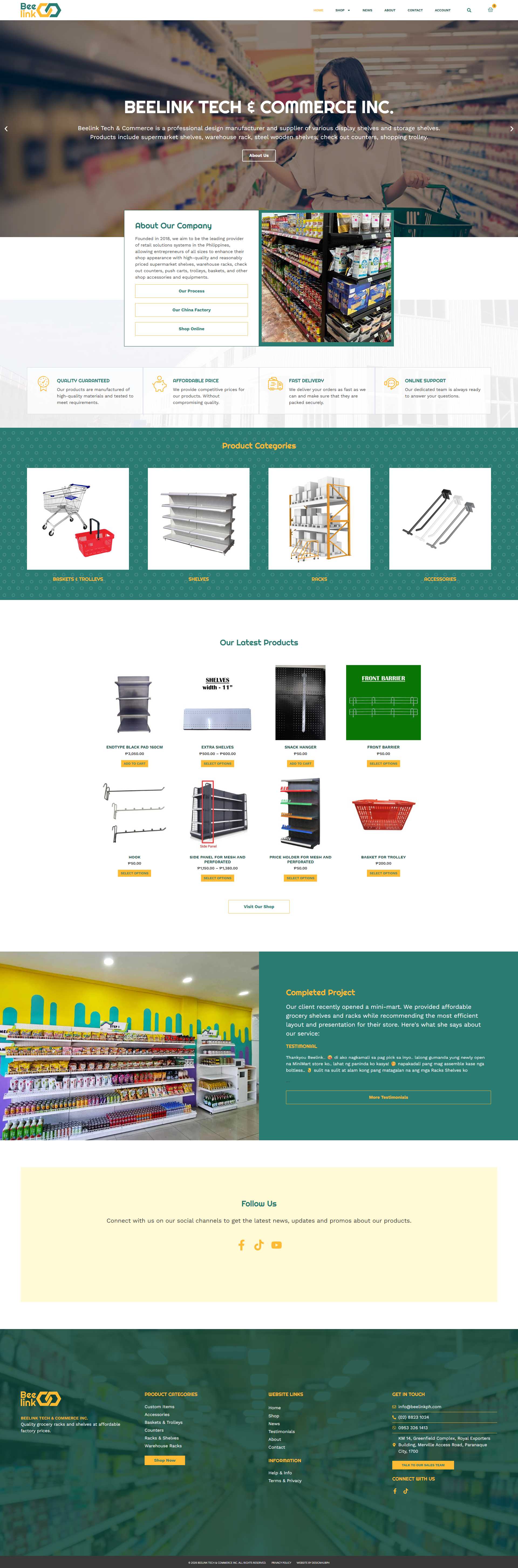 Beelink Tech & Commerce desktop homepage with a shopper in a supermarket aisle, the Beelink Tech & Commerce Inc. headline, and an About Our Company section below