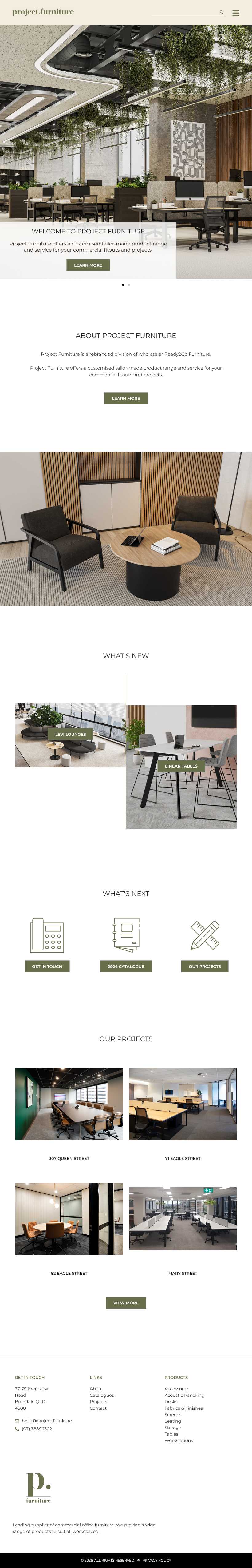 Project Furniture mobile homepage showing a commercial office interior, welcome message, and project listings