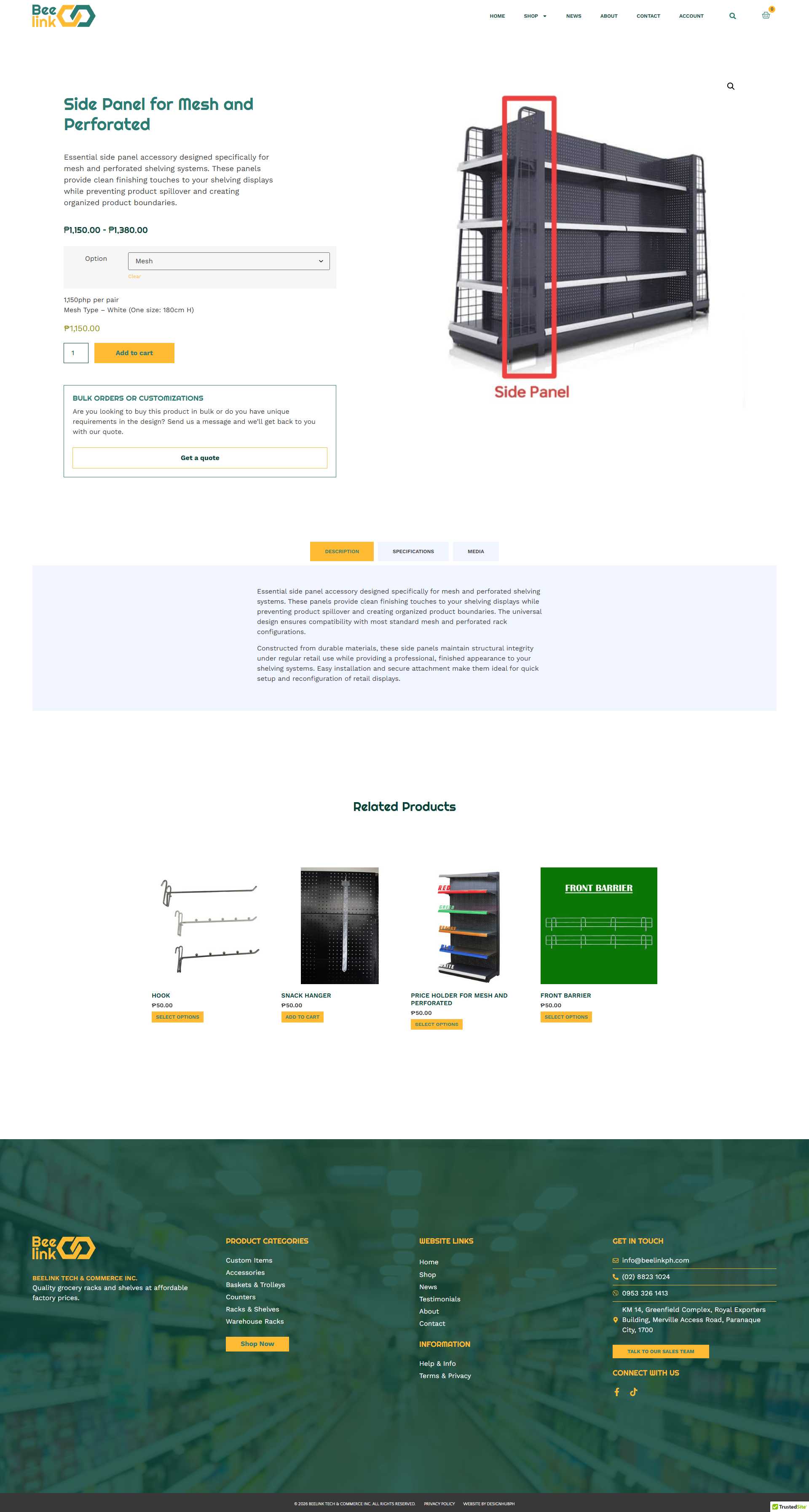 Beelink product page for the Side Panel for Mesh and Perforated shelving with a highlighted side panel photo, price, size and mesh options, Add to cart button, specification tabs, and Related Products row