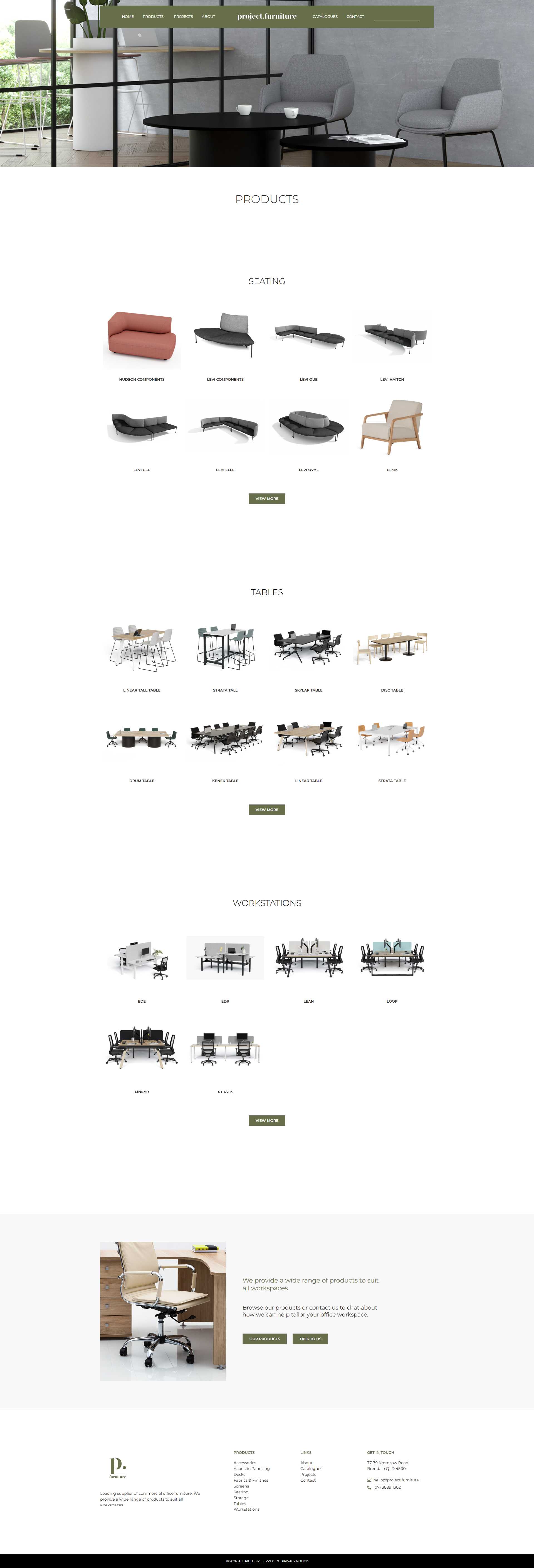 Project Furniture products page displaying office seating, tables, and workstation categories