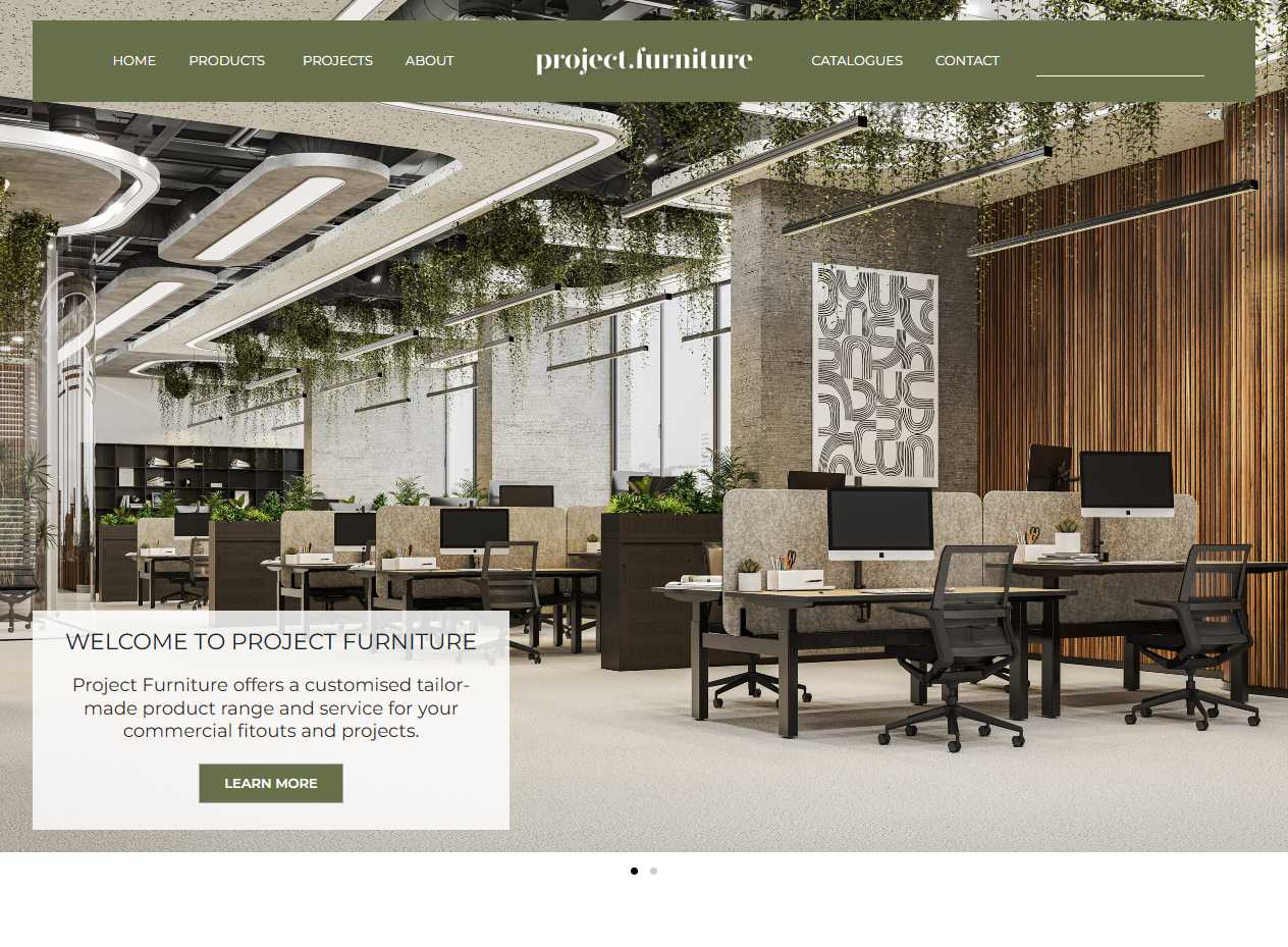 Project Furniture homepage hero with the site navigation and a 'Slatted Acoustic Panels' product card over a photo of a modern office fit-out