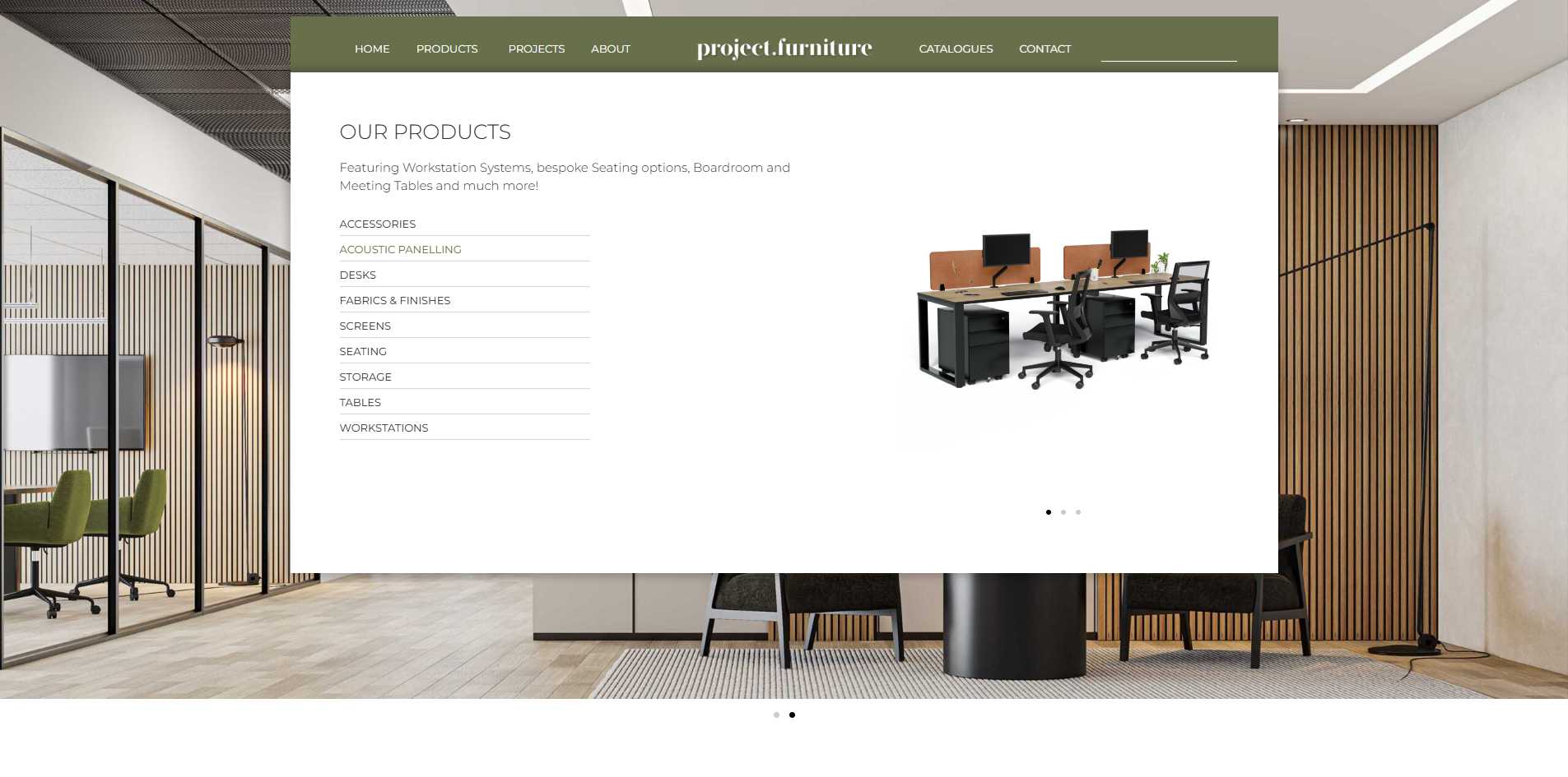 Project Furniture desktop navigation mega menu showing product categories and office furniture imagery