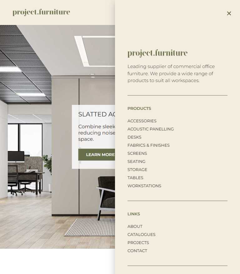 Project Furniture mobile navigation menu opened over the homepage with product and page links