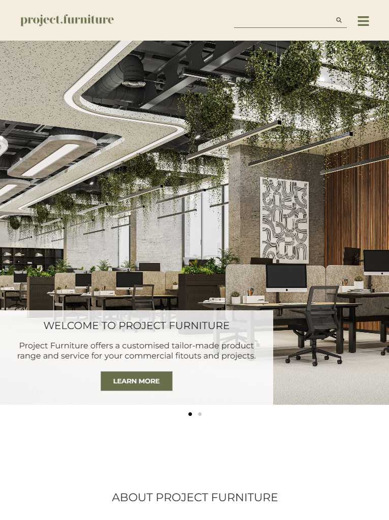 Project Furniture homepage hero with the site navigation and a 'Slatted Acoustic Panels' product card over a photo of a modern office fit-out