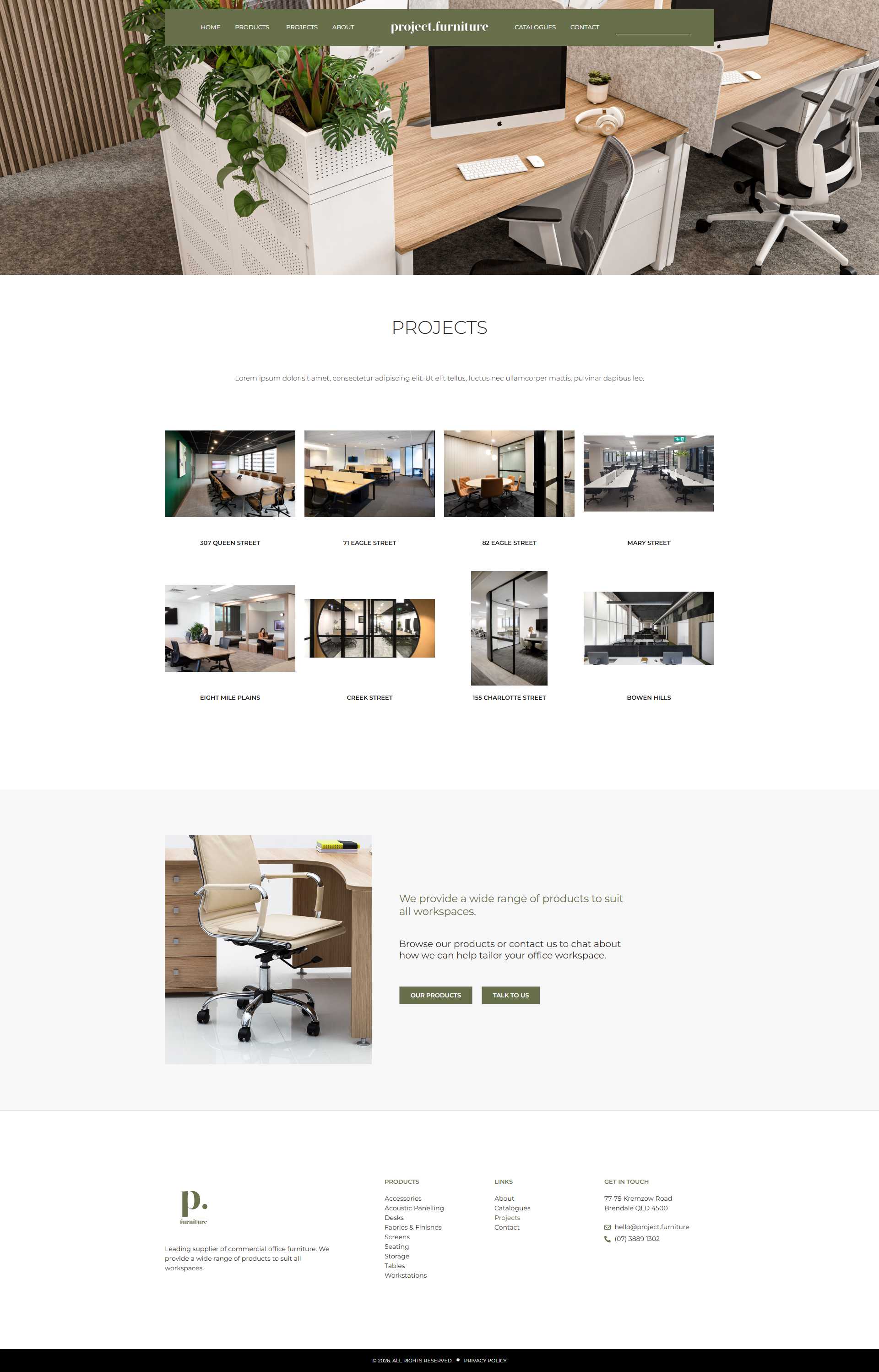 Project Furniture projects page displaying office interiors including 307 Queen Street and other workplace fit-outs