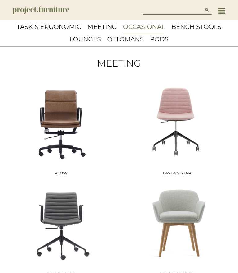 Project Furniture mobile seating catalogue showing meeting chairs and office seating products