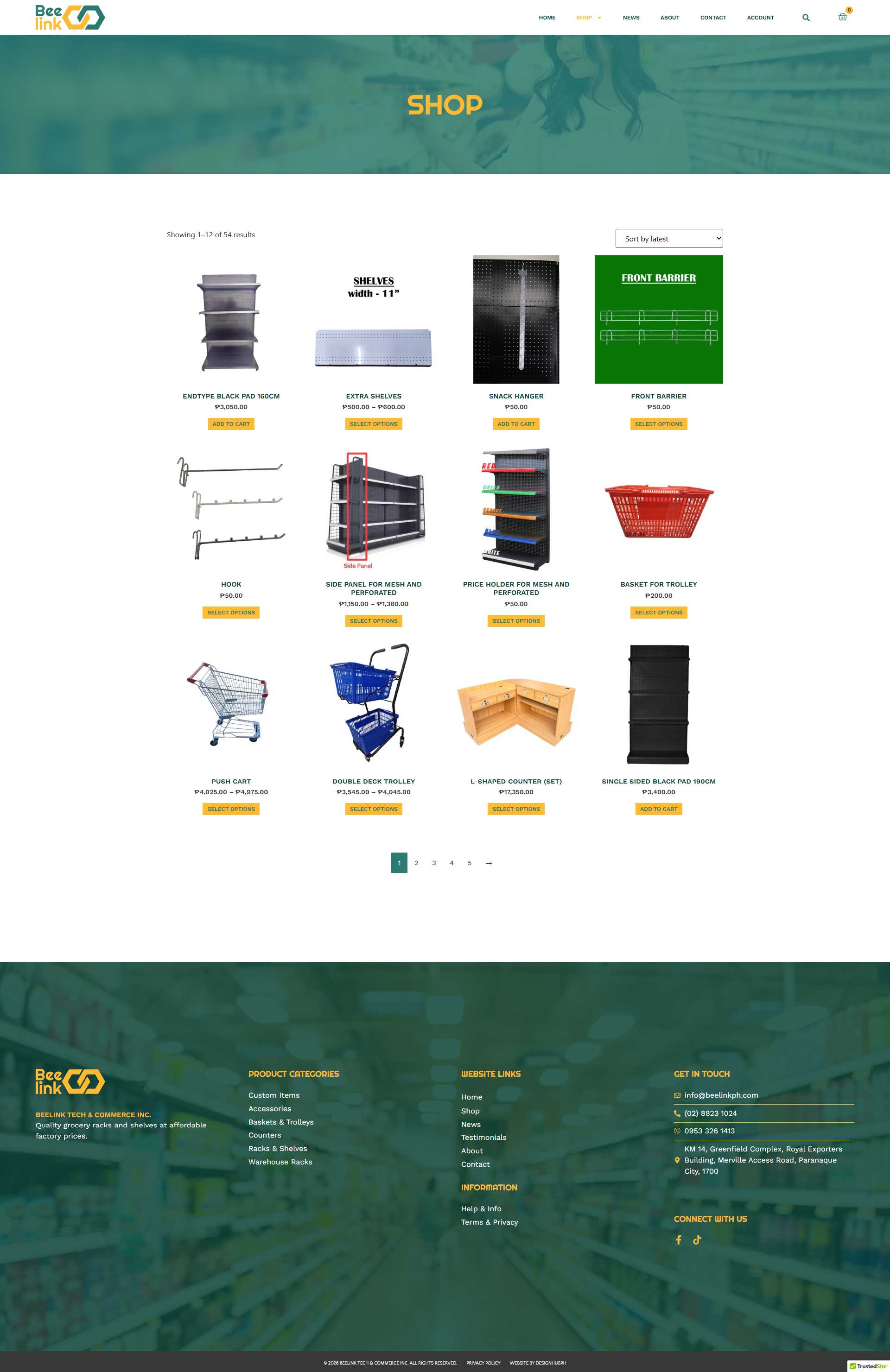 Beelink Shop page showing a three-column product grid of black shelving, hooks, snack hangers, front barriers, side panels, shopping carts, trolleys, and counters with prices and Add to Cart buttons