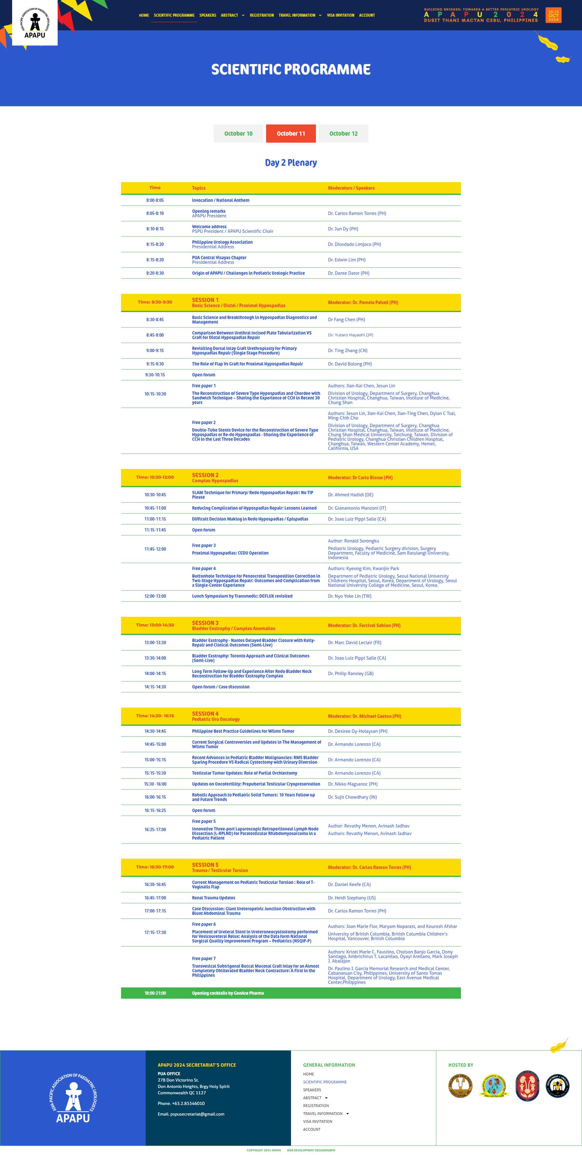 APAPU 2024 scientific programme page listing Day 2 plenary sessions by time, topic, moderator, and speaker