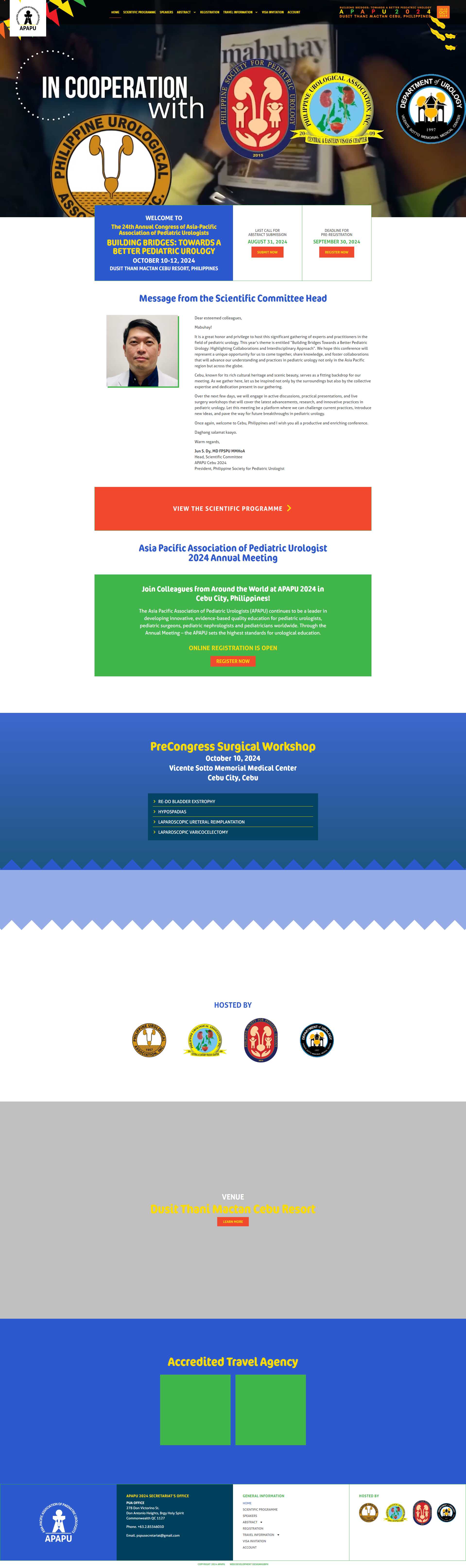 APAPU 2024 homepage draft with early-bird registration dates, a scientific committee message, and placeholder media