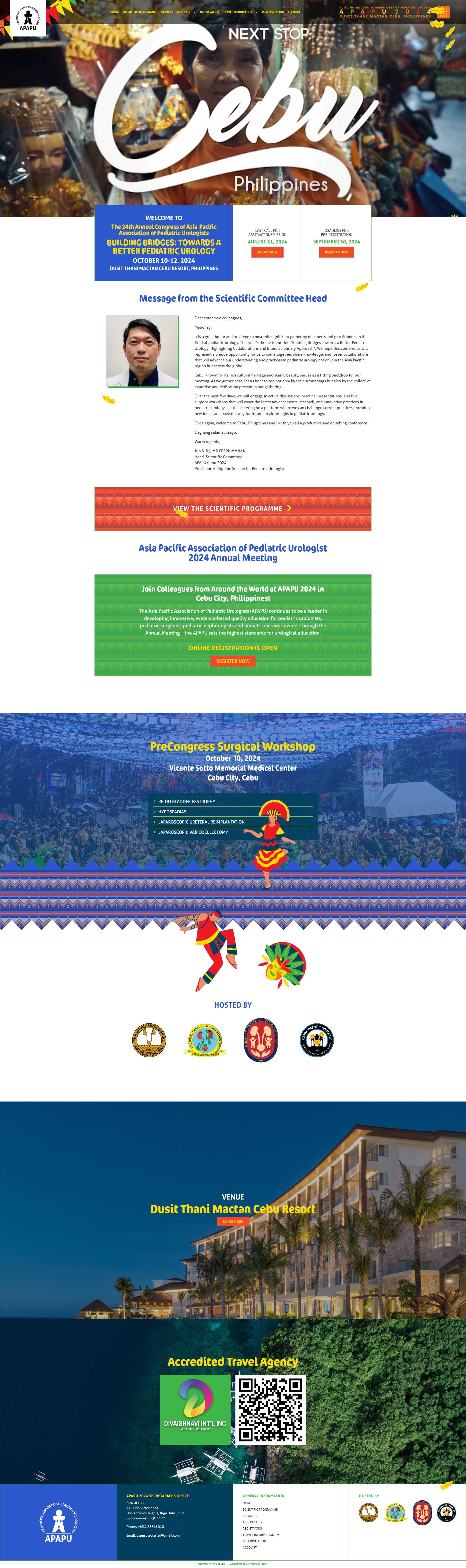 APAPU 2024 homepage with the Cebu hero, early-bird rates, committee message, workshop, venue, and travel sections