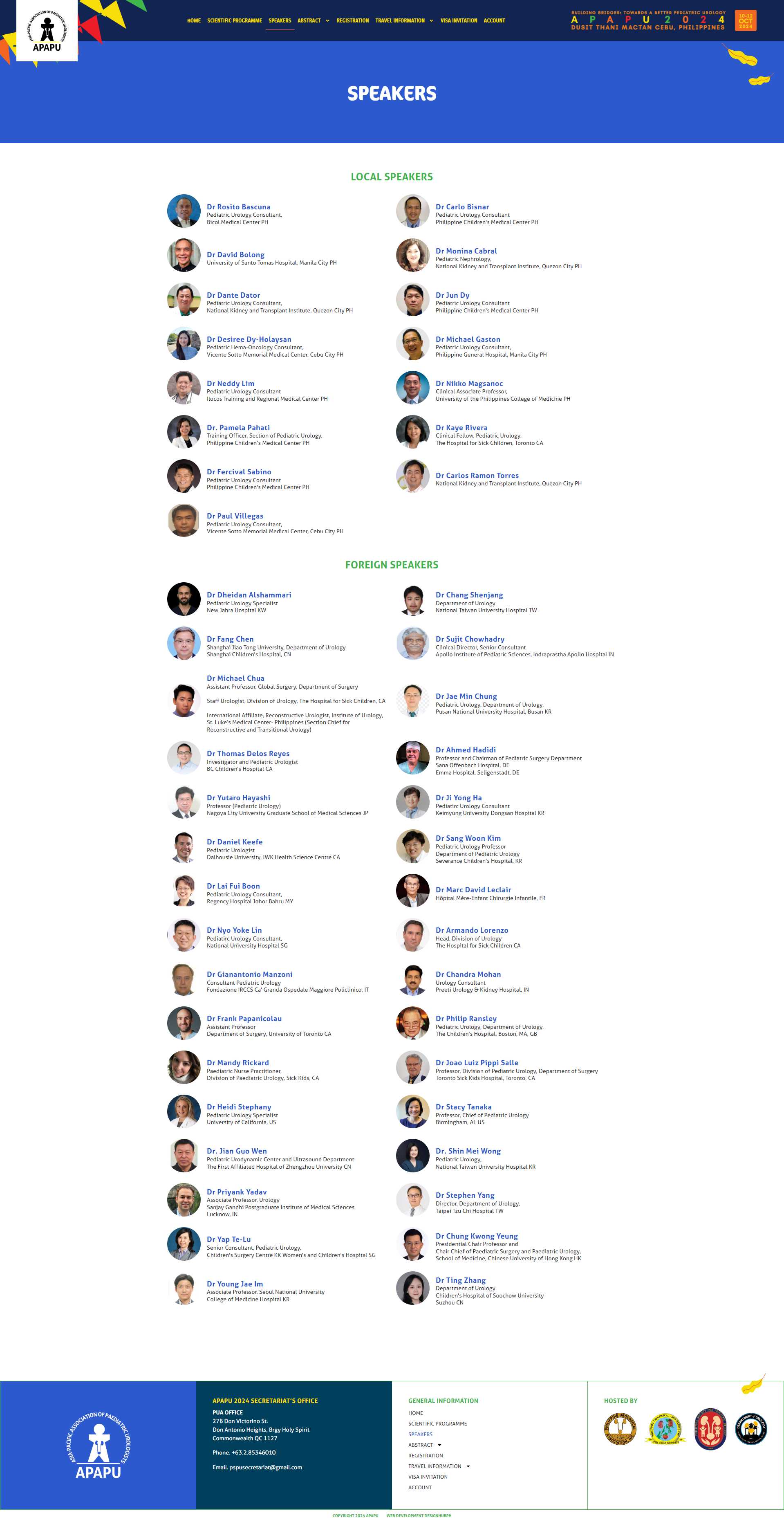 APAPU 2024 speakers page showing the local and foreign pediatric urology faculty listings