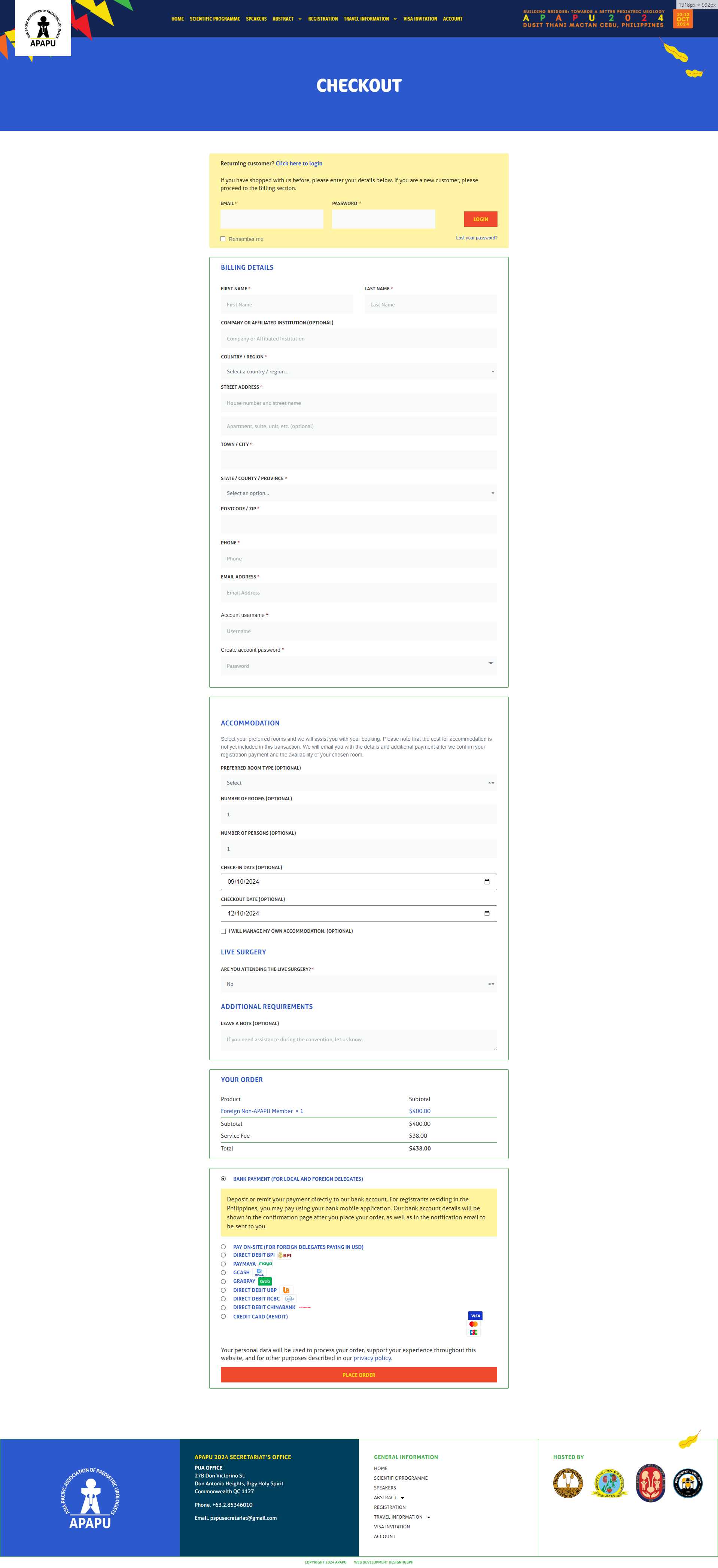APAPU 2024 checkout page with billing details, accommodation, live surgery option, and delegate order total