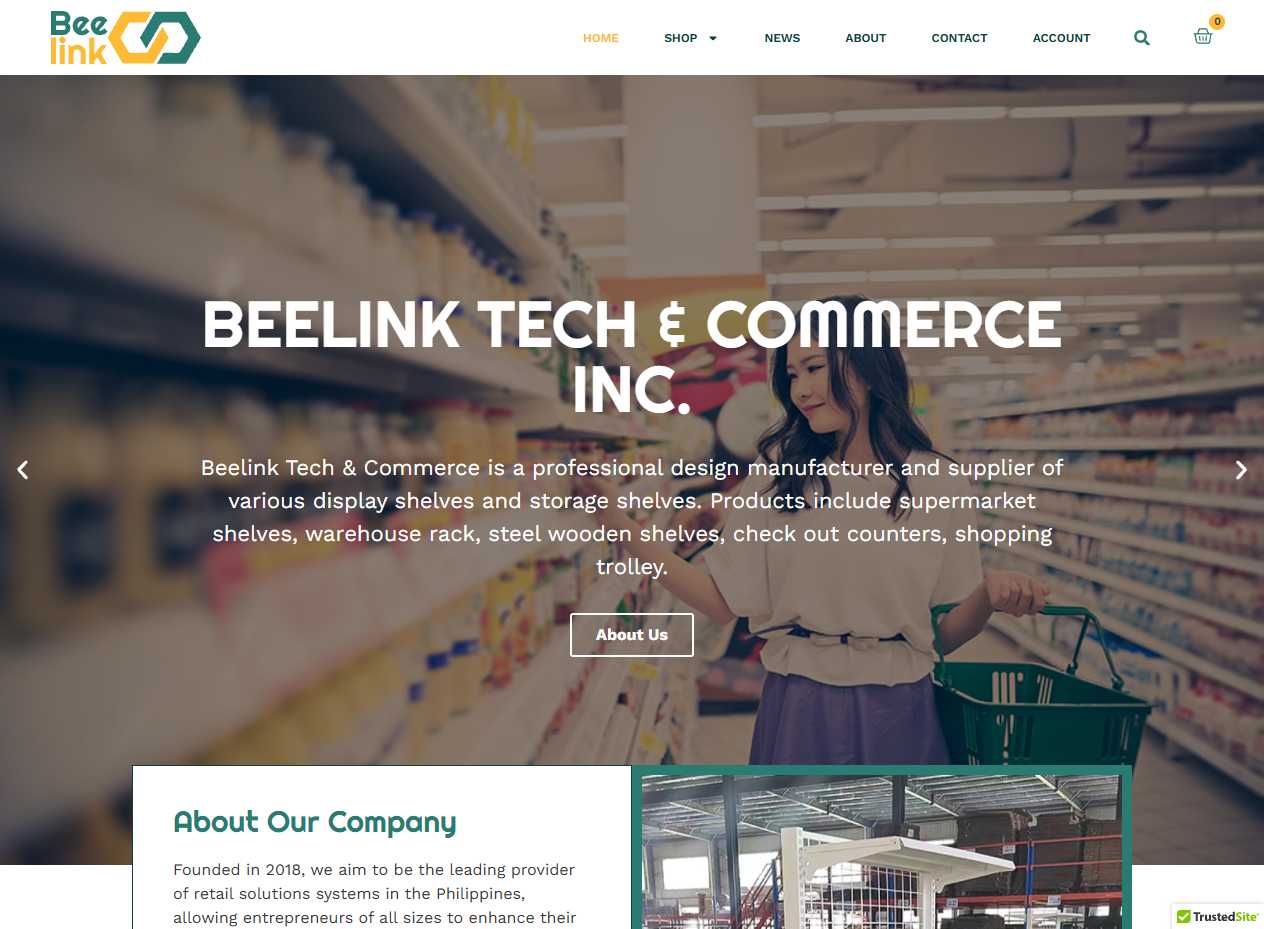 Beelink Tech & Commerce homepage hero with a supermarket shelf photo and the 'Supermarket Shelves & Retail Fixtures Solutions' headline