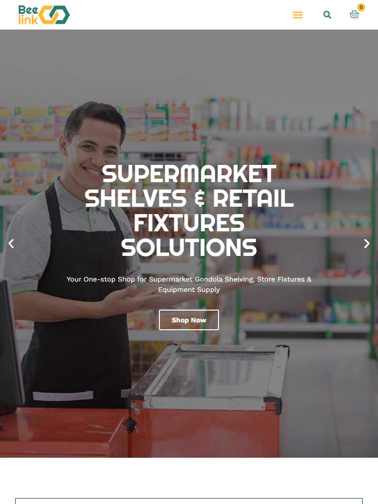 Beelink Tech & Commerce homepage hero with a supermarket shelf photo and the 'Supermarket Shelves & Retail Fixtures Solutions' headline