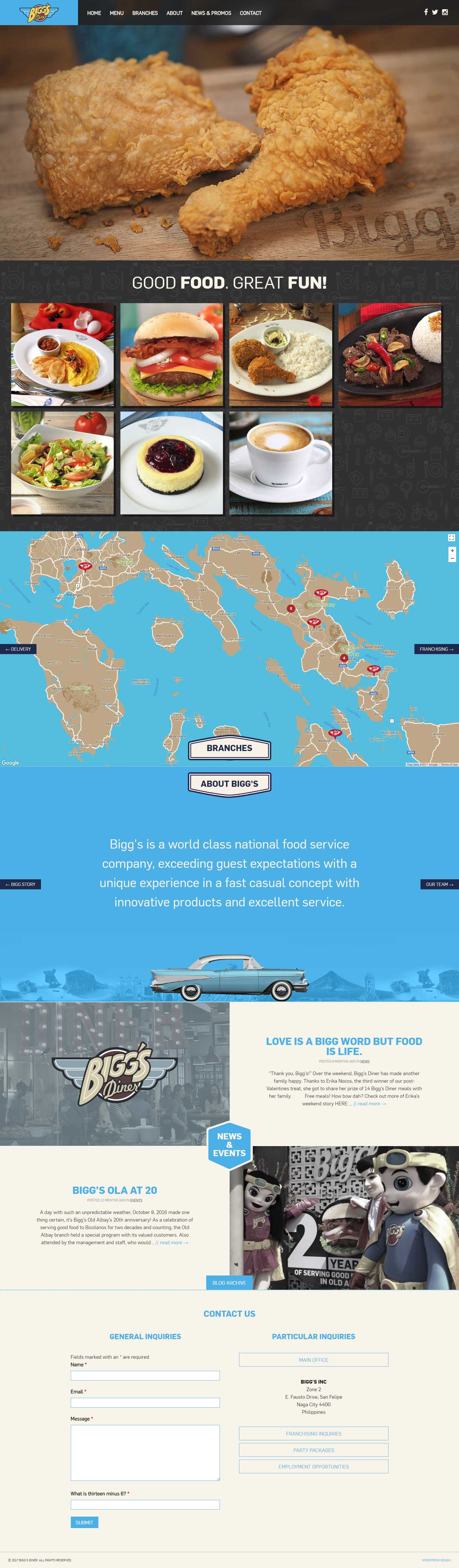 Bigg's Diner homepage with a fried chicken hero, a 'Good Food. Great Fun!' dish gallery, a Bicol branch map, and a contact form