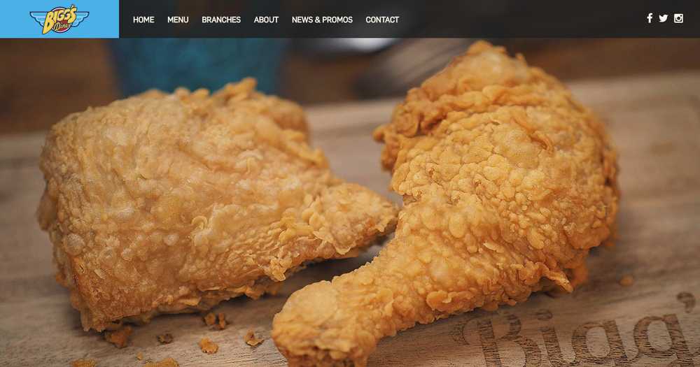 Bigg's Diner homepage with two pieces of fried chicken and the site's navigation menu