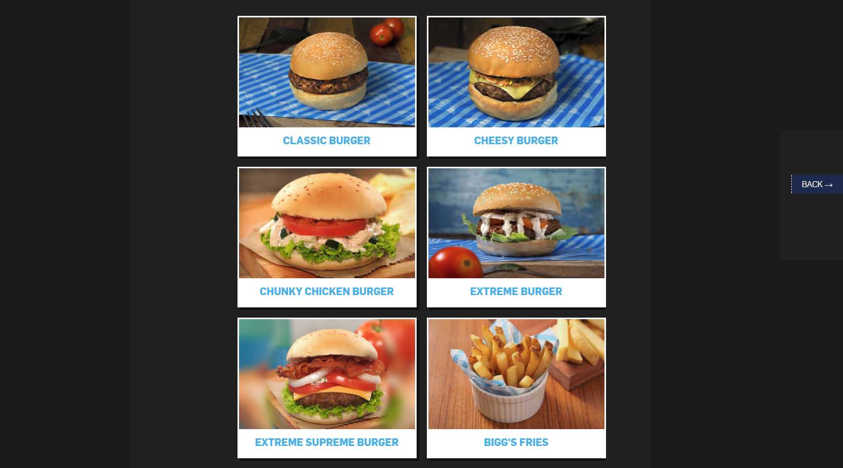 Bigg's Diner menu page with Classic Burger, Cheesy Burger, Chunky Chicken Burger, Extreme Burger, Extreme Supreme Burger, and Bigg's Fries