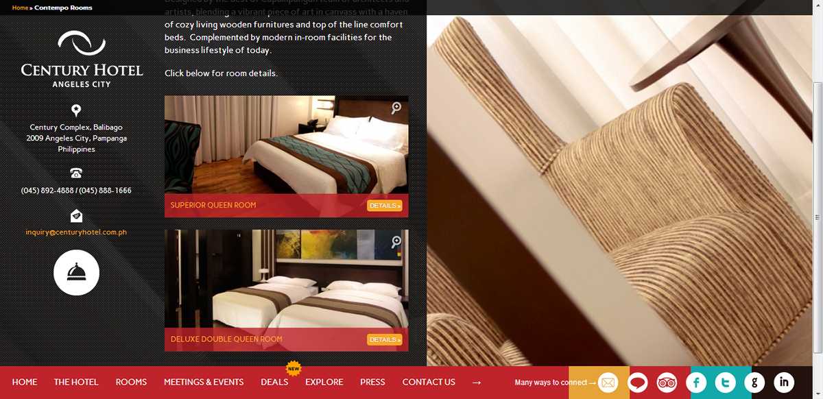 Century Hotel Contempo Rooms page listing the Superior Queen Room and Deluxe Double Queen Room