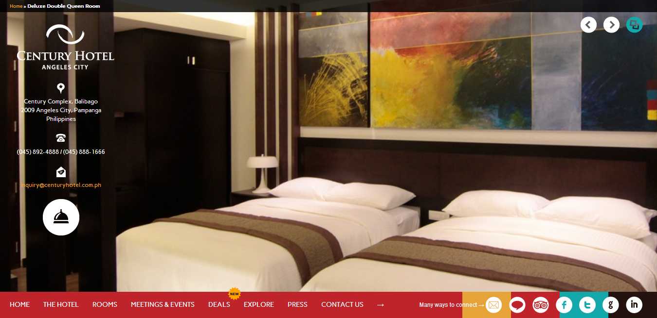Century Hotel Deluxe Double Queen Room detail page with a slideshow of the room and its artwork