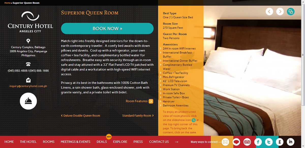 Century Hotel Superior Queen Room page with a room description, booking button, and an amenities list