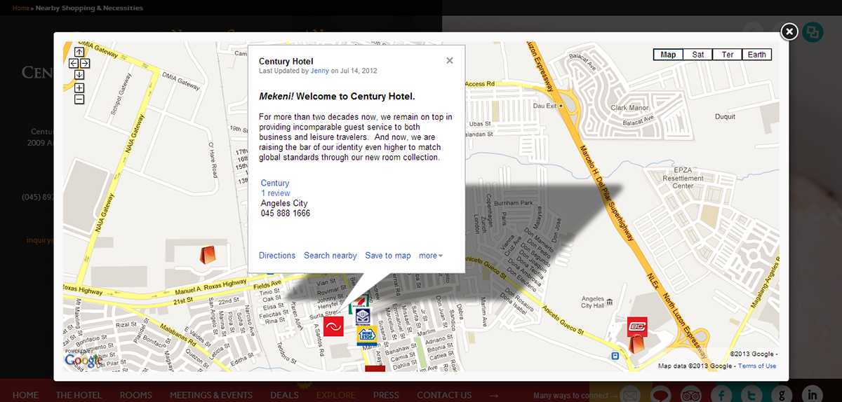 Century Hotel Nearby Shopping and Necessities page with a Google Map of Angeles City and a welcome info window