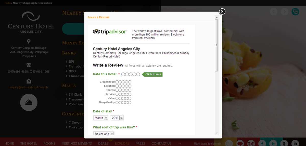 Century Hotel TripAdvisor review popup with star ratings for cleanliness, location, rooms, service, and value