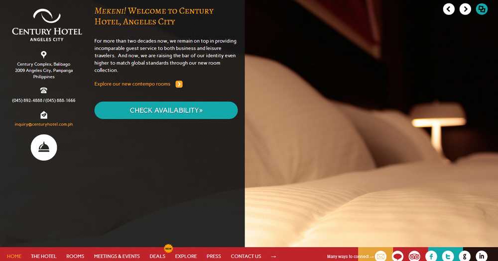 Century Hotel Angeles City homepage with a dark sidebar of contact details, a welcome message, and a photo of a bed