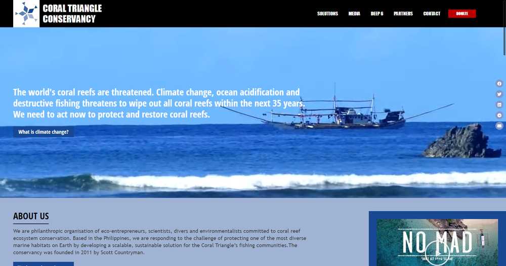 Coral Triangle Conservancy homepage hero with an underwater coral reef photo, the reef wordmark, and the headline 'Reefs are the heart of life in the seas'