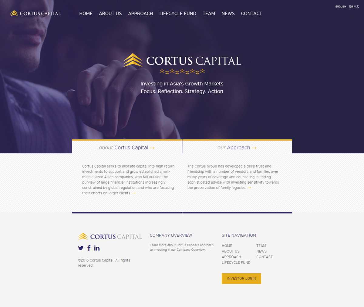 Cortus Capital English homepage with the 'Investing in Asia's Growth Markets' hero, about and approach teasers, and an investor login in the footer