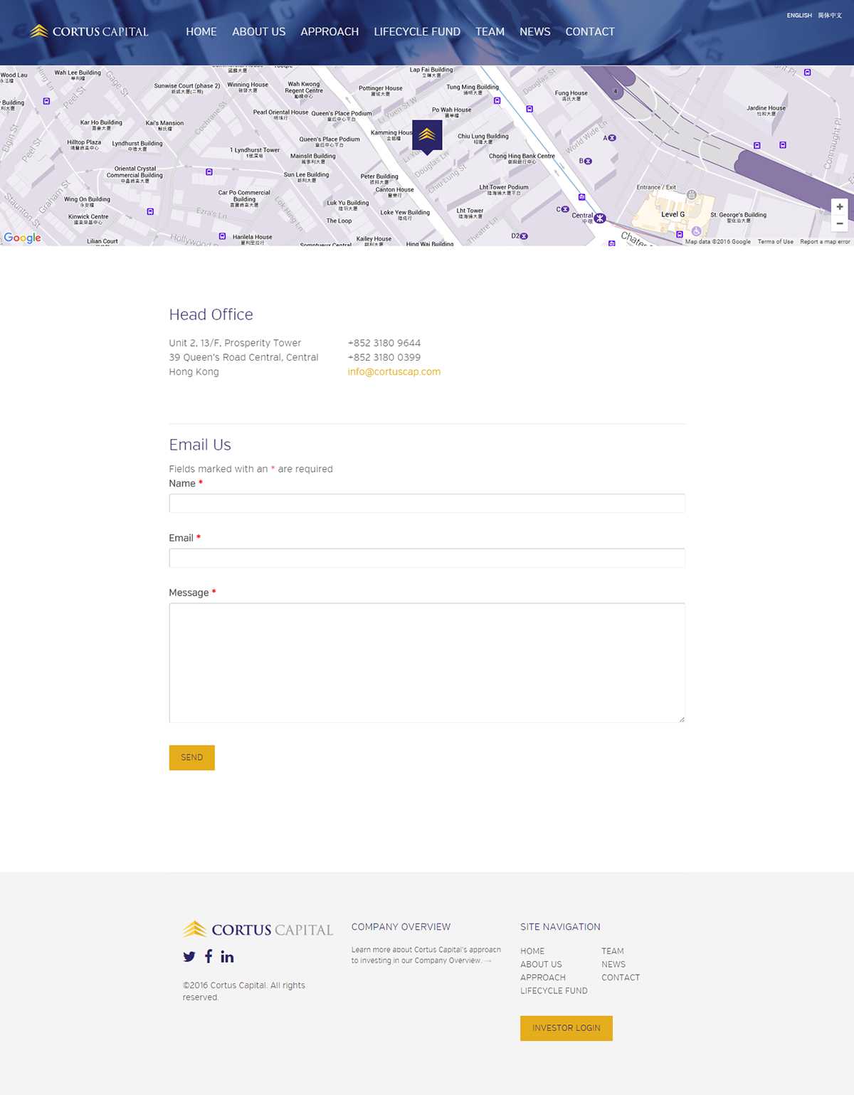 Cortus Capital Contact page with a Central Hong Kong map, the Queen's Road Central head office address, and an email form