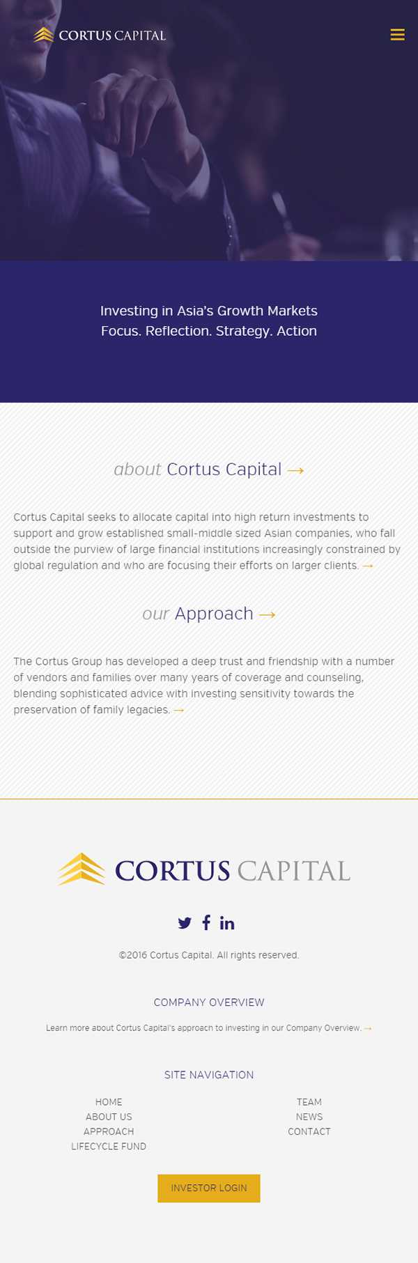 Cortus Capital homepage on mobile with a hamburger menu, hero tagline, and an investor login button