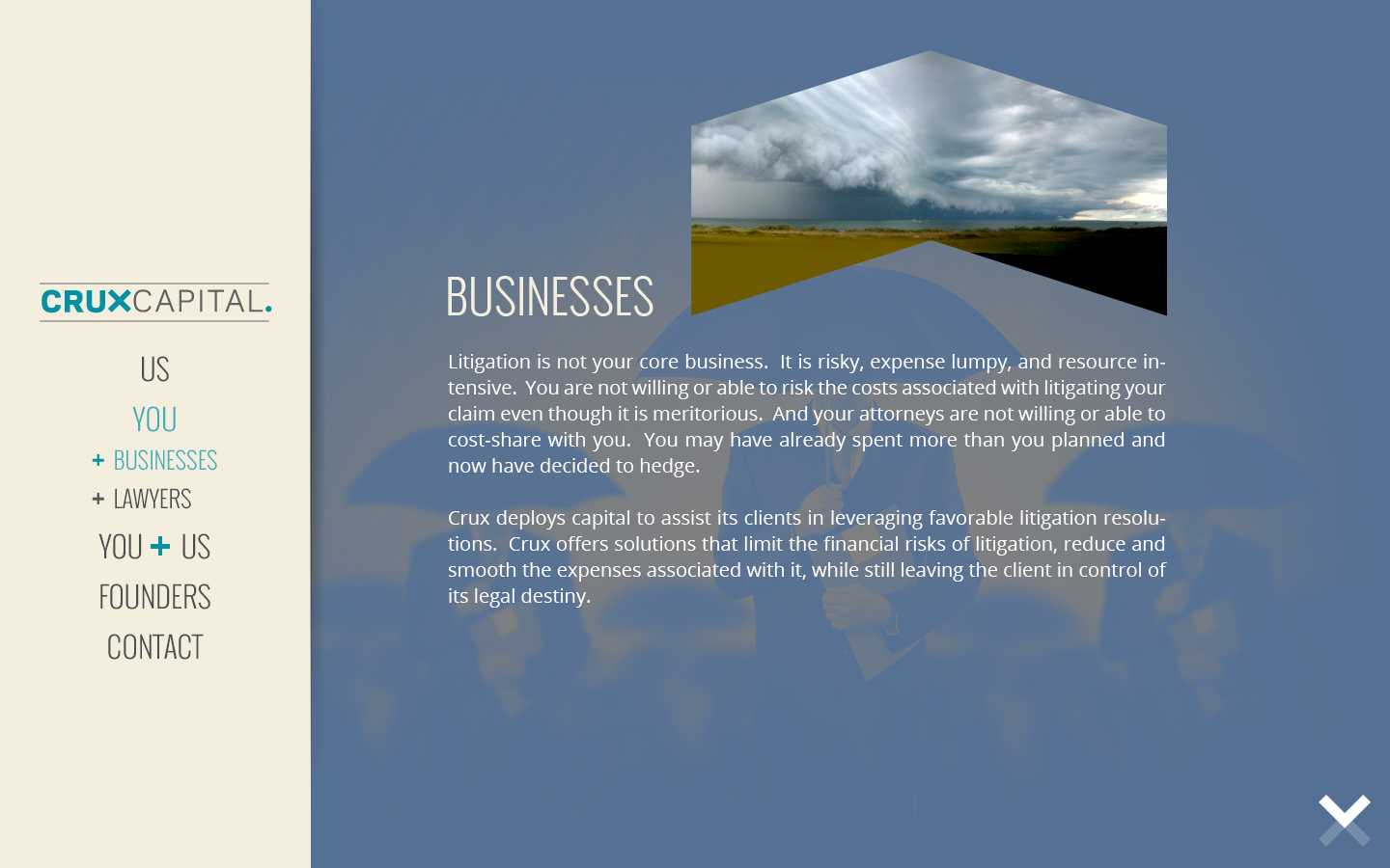 Crux Capital 'Businesses' section with a stormy landscape image and text on how the fund deploys capital to limit litigation risk