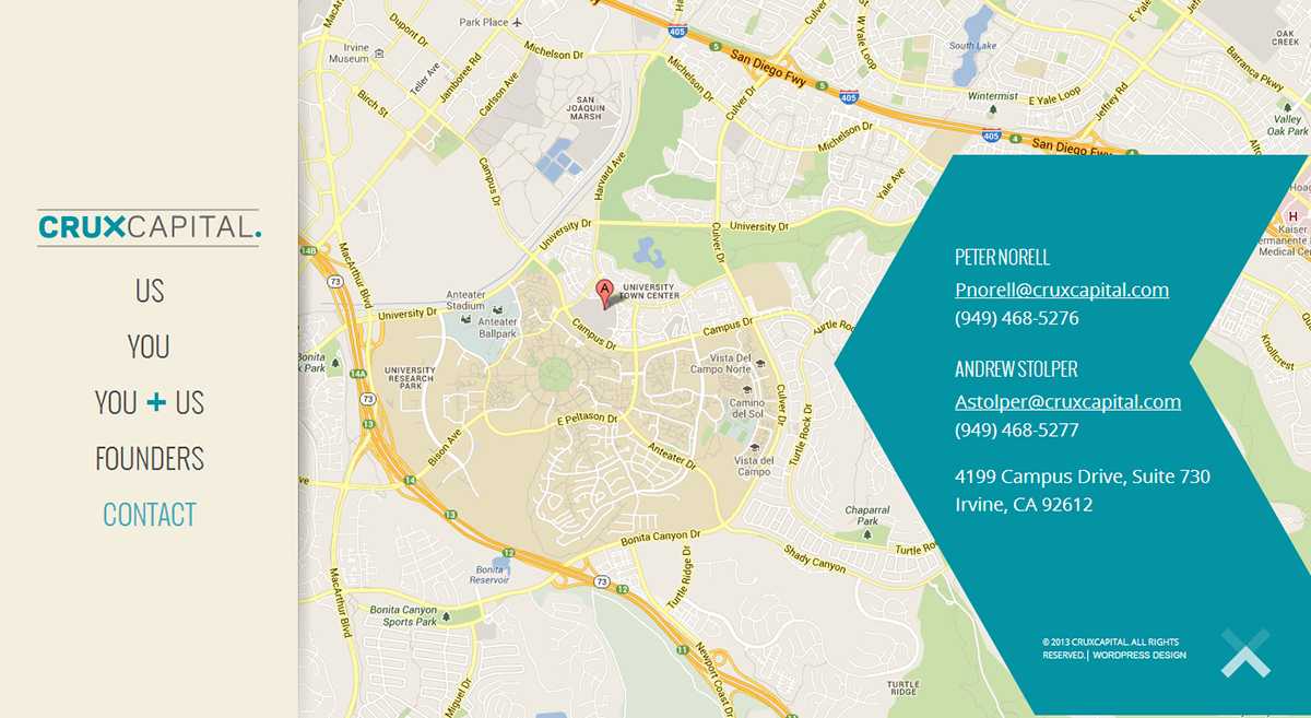 Crux Capital Contact section with a Google Map of Irvine, California, the office address on Campus Drive, and contact numbers