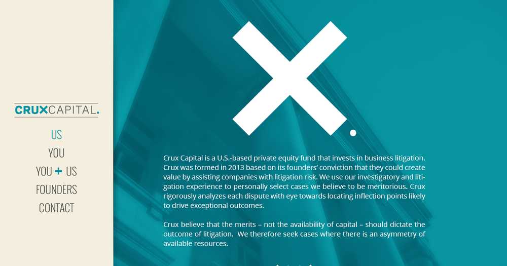 Crux Capital homepage 'Us' section with the Crux Capital logo, sidebar navigation, a large white X, and the fund's introduction over a teal background