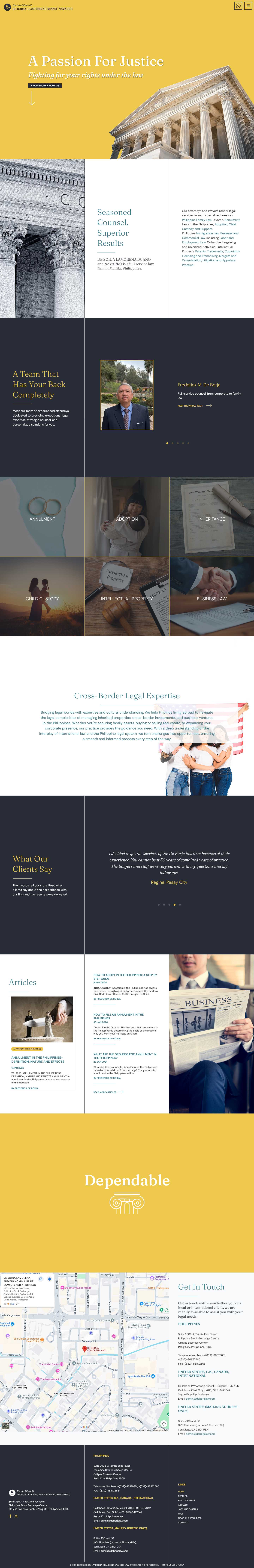 Full De Borja Law homepage showing the firm introduction, attorneys, practice areas, cross-border services, testimonials, articles, and contact section