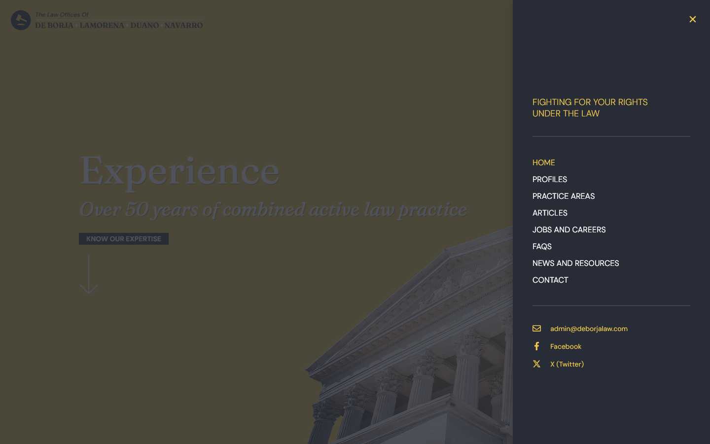 Dark open navigation panel with links to profiles, practice areas, articles, FAQs, and contact