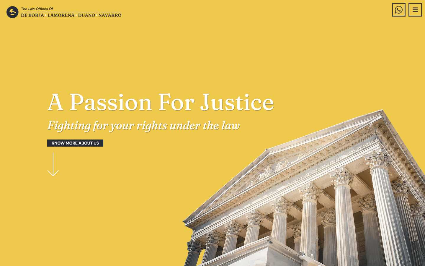 De Borja Law homepage with a yellow hero, the headline A Passion For Justice, and a courthouse facade