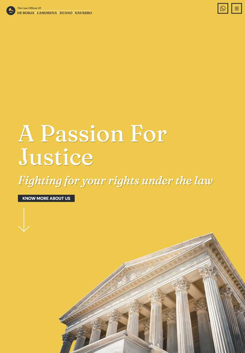 De Borja Law homepage with a yellow hero, the headline A Passion For Justice, and a courthouse facade