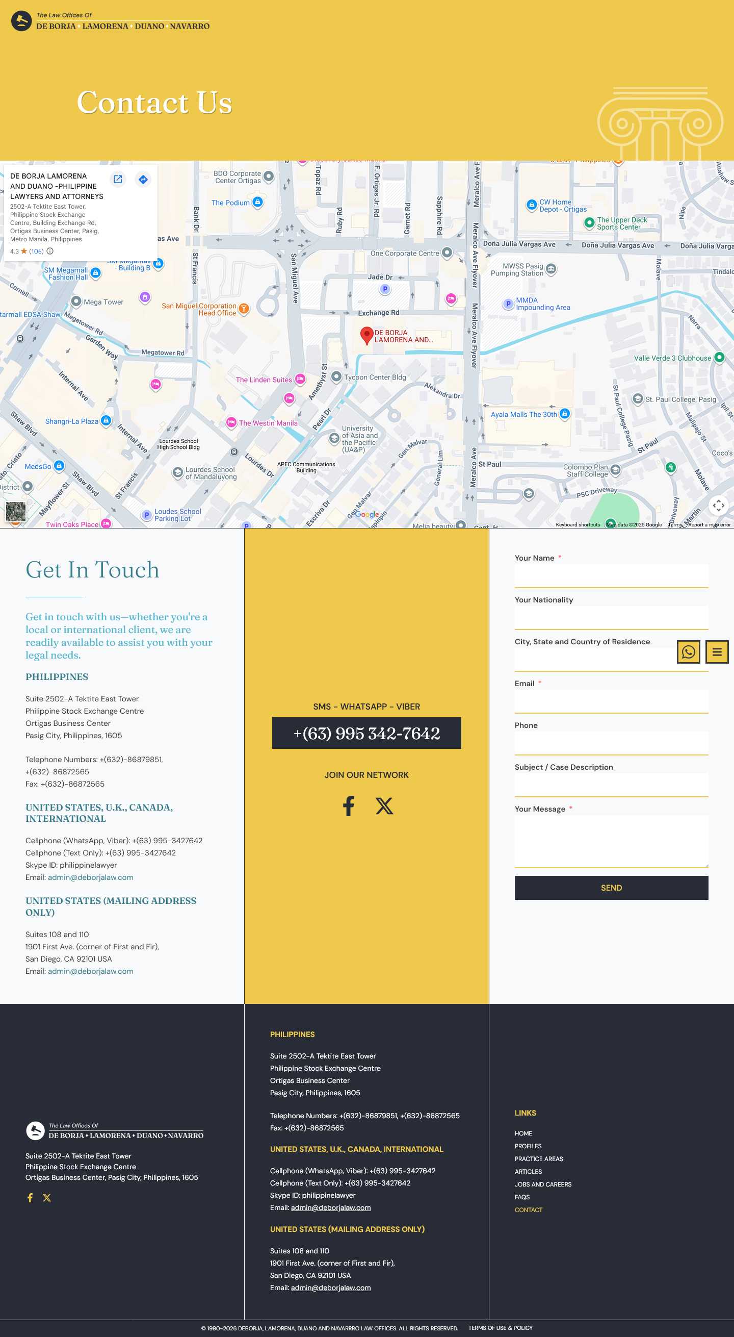 Desktop screenshot of the De Borja Law contact page
