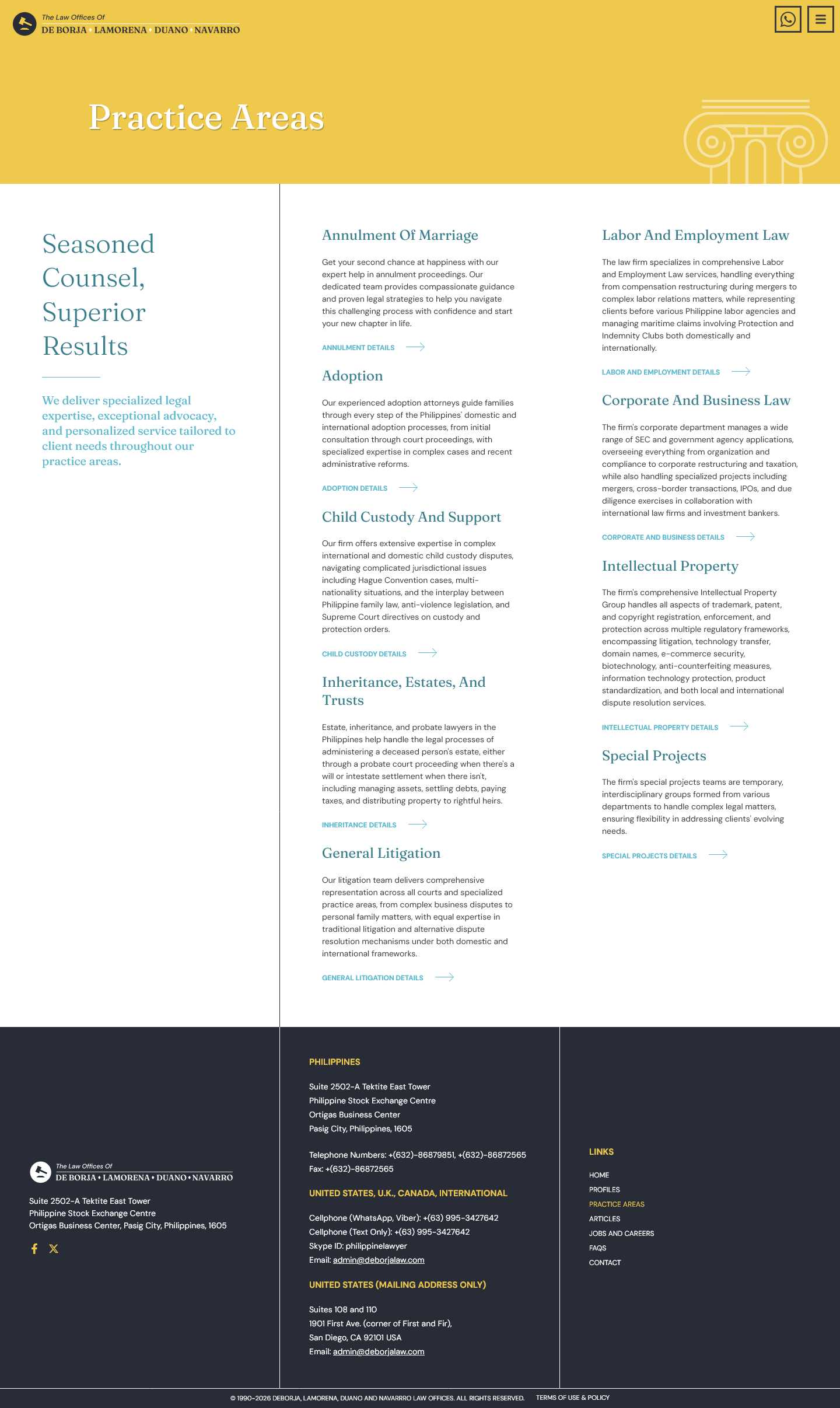 Desktop screenshot of the De Borja Law practice areas page