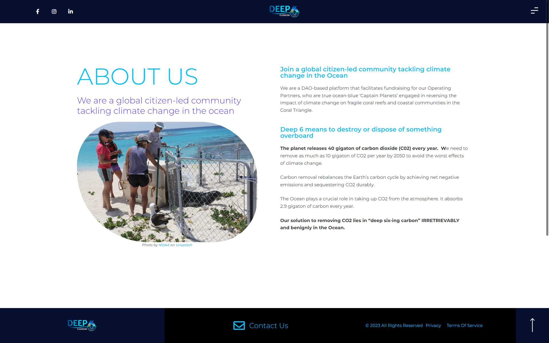 Deep 6 Carbon About Us page with a beach research photo and text explaining carbon removal and the meaning of 'deep six'