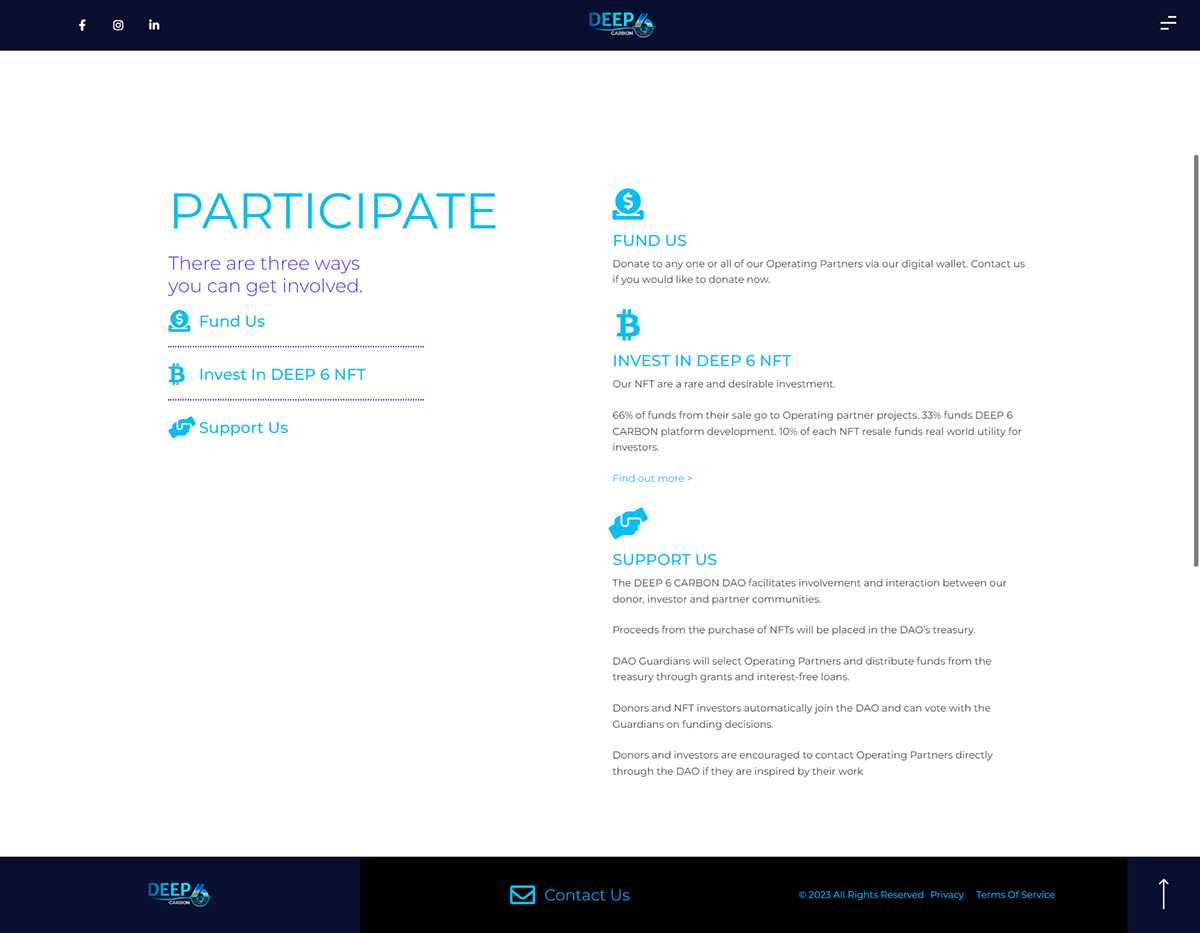 Deep 6 Carbon Participate page with Fund Us, Invest in DEEP 6 NFT, and Support Us options