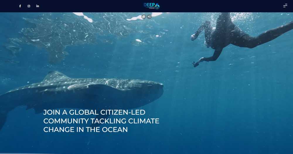 Deep 6 Carbon homepage hero with an underwater photo of a whale shark and a freediver, and the headline 'Join a global citizen-led community tackling climate change in the ocean'