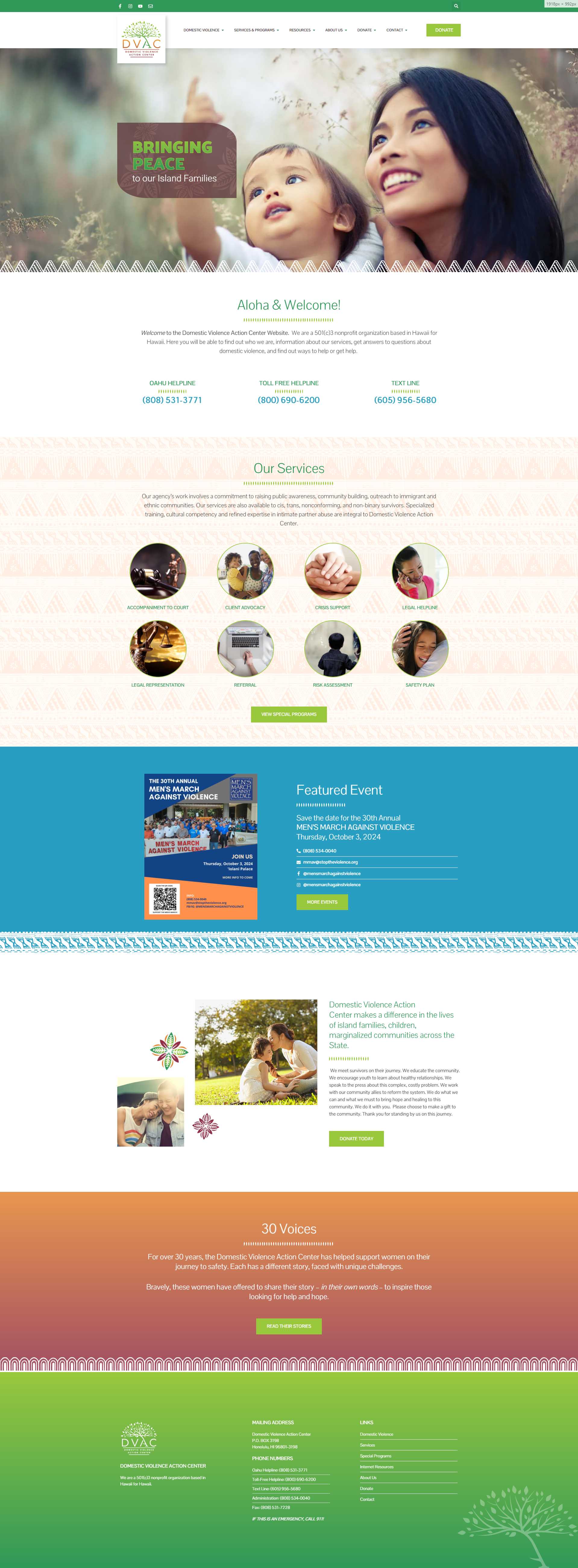 Domestic Violence Action Center homepage with crisis helpline numbers, service icons, a featured event, and donation options